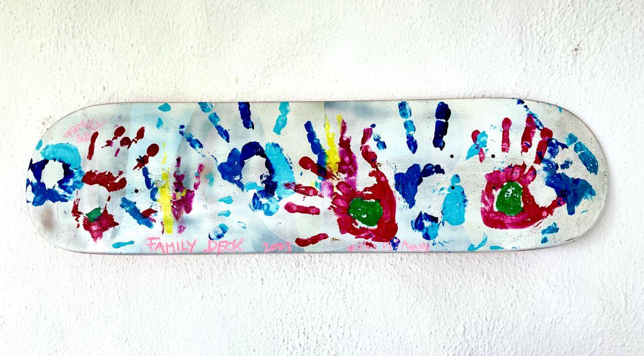 OG Family Deck 2023 by SWELLŌ <SOLD> - Handpainted colorful design showcasing family handprints.